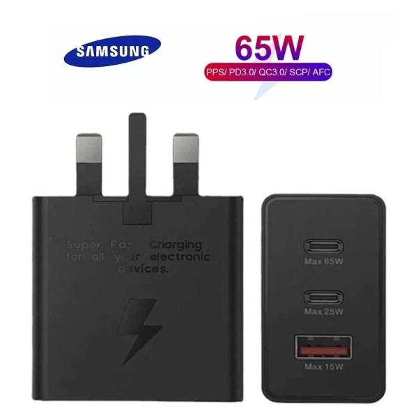 Samsung 65W Power Adapter Trio - UK Pin (3-Pin) - 3-Port Super Fast Charging (USB-C x2, USB-A x1) - For Laptops, Tablets, & Smartphones