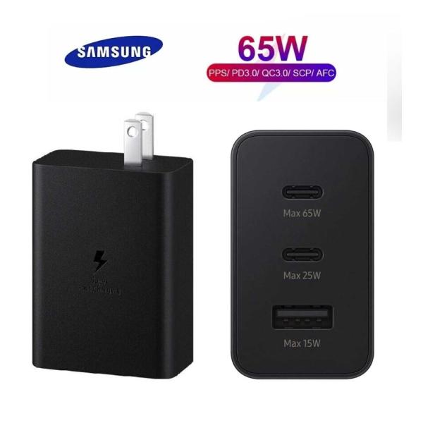 Samsung 65W Power Adapter Trio - US Pin - 3-Port Super Fast Charging (2x USB-C, 1x USB-A) - PD 3.0 High-Speed Charger for Laptops & Mobiles