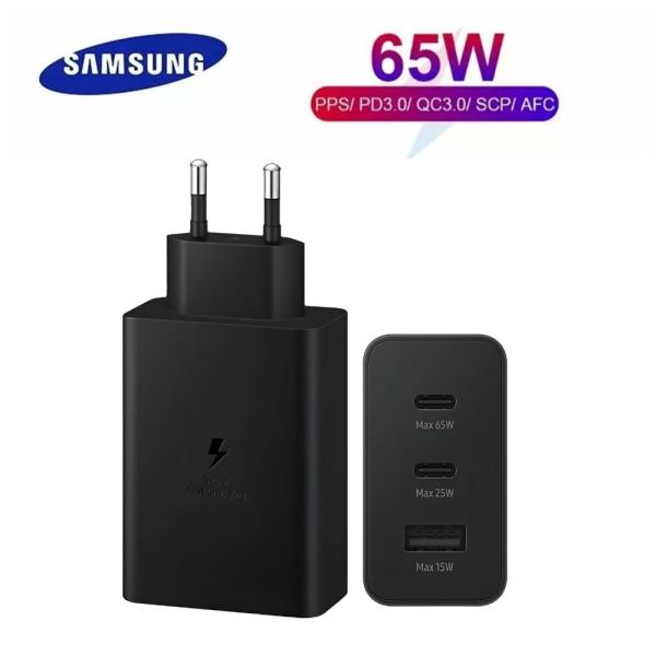 Samsung 65W Power Adapter Trio - EU Pin - 3-Port Super Fast Charging (USB-C x2, USB-A x1) - Universal Wall Charger for Laptops, Tablets & Smartphones