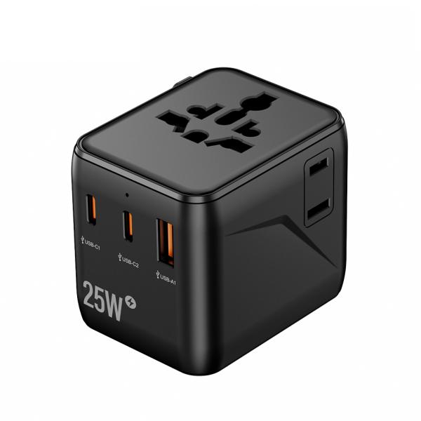 Speedx SP-TCW02 Universal Travel Adapter - 25W PD Fast Charging - 5-in-1 Power Hub (2x USB-C, 1x USB-A, 2x AC Outlets) - Global Compatibility
