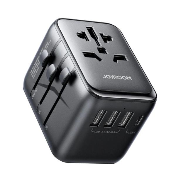 Joyroom JR-TCW01 17W 4-Port Universal Travel Adapter - Global Wall Charger with UK/EU/US/AU Plugs - Multi-Device Power Hub (Black)
