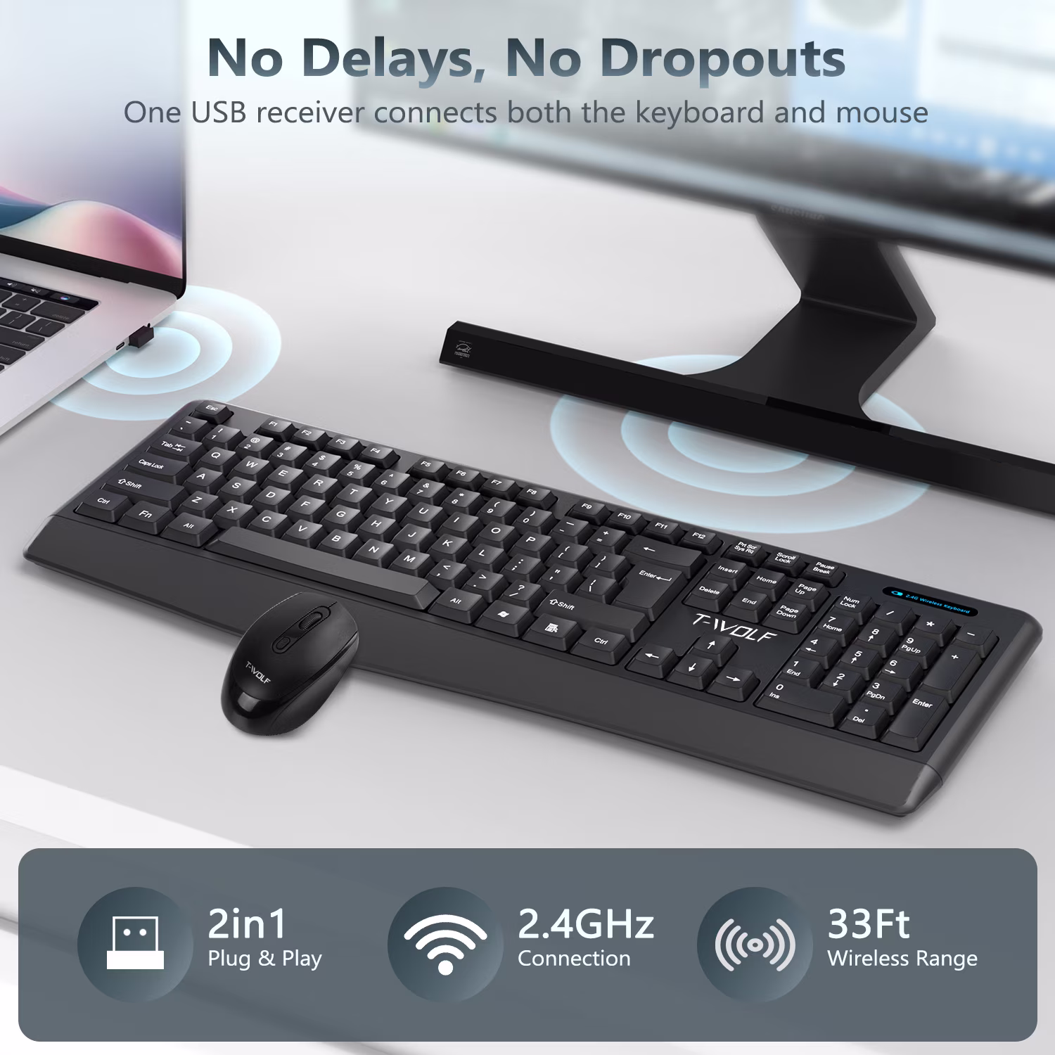 Forter KM8200 Wireless Keyboard and Mouse Combo - 2.4GHz Plug & Play USB Mini Receiver - Ergonomic Slim Layout with Chocolate Keycaps - 1600 DPI Adjustable Optical Mouse